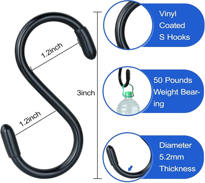 DINGEE 3 Inch Vinyl Coated S Hook,S Hooks for Hanging Plants ,10 Pack Non Slip Heavy Duty S Hooks ,Small Rubber Coated Steel Metal Black Closet S Hook for Hanging Jeans Plants Jewelry Pot Pan Cups Towels - Image 2